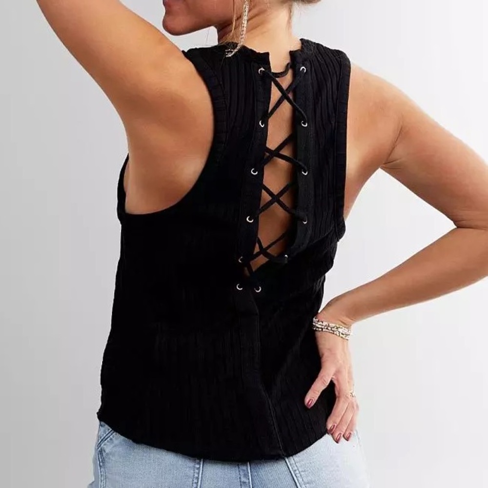 NWT Free People ‘Check It Out’ Tank Top Ribbed Lace-Up Back Women’s XS Black